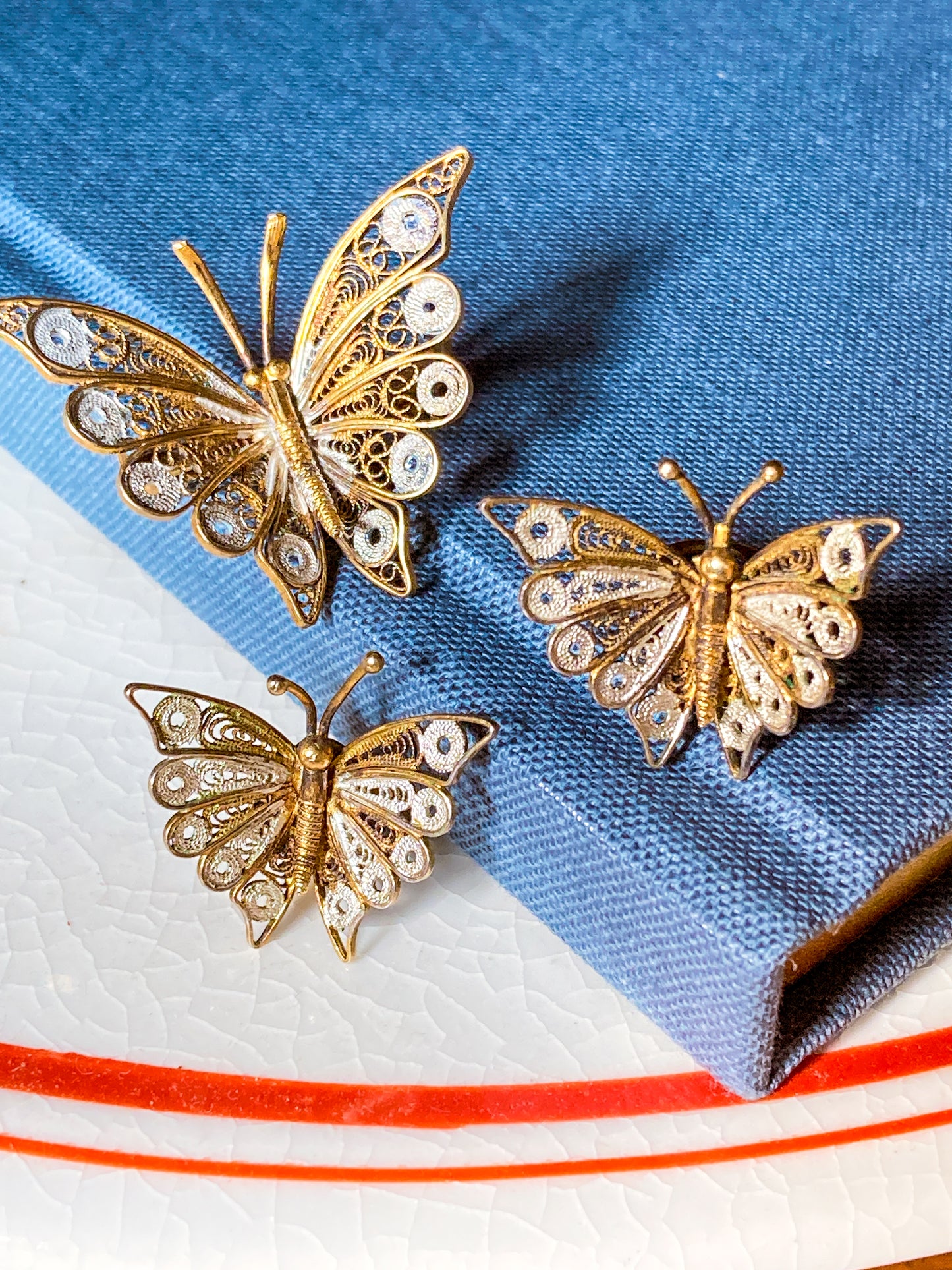 Vintage Enameled 800 Silver Filigree Butterfly Brooch Clip Earrings Set