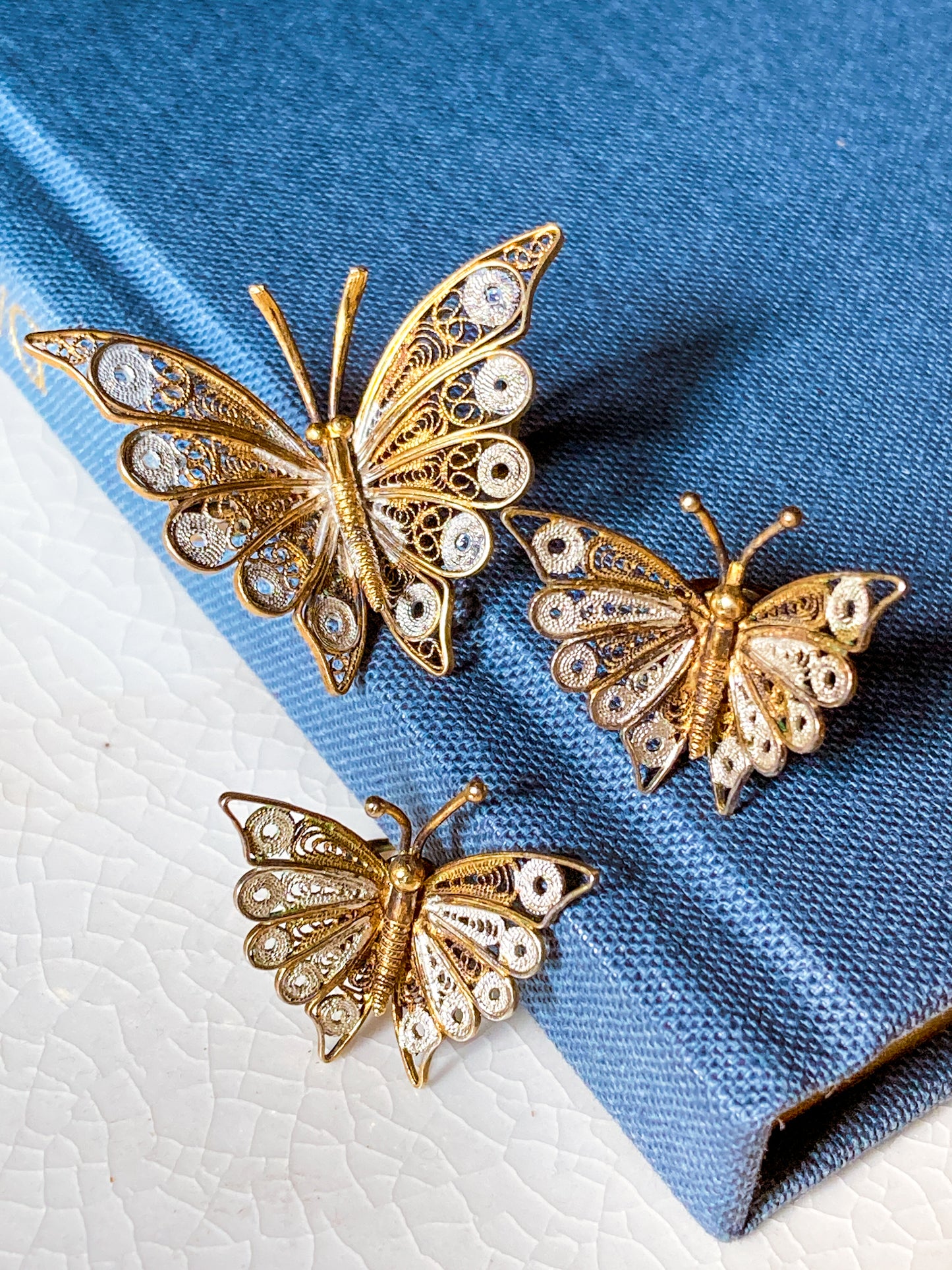 Vintage Enameled 800 Silver Filigree Butterfly Brooch Clip Earrings Set