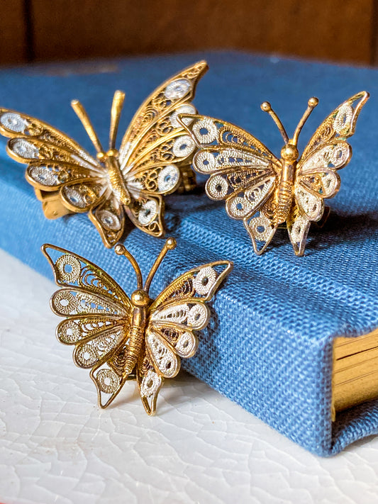 Vintage Enameled 800 Silver Filigree Butterfly Brooch Clip Earrings Set