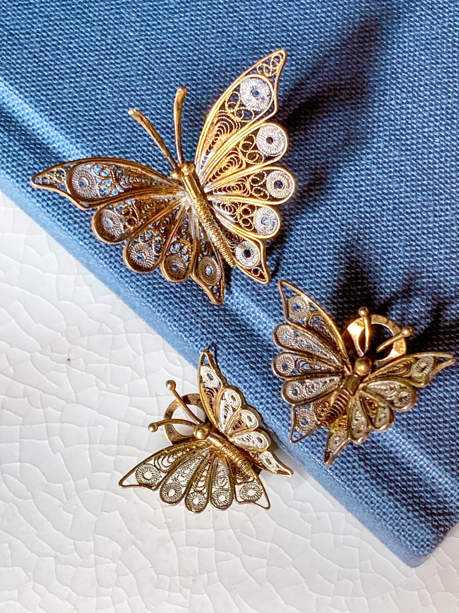 Vintage Enameled 800 Silver Filigree Butterfly Brooch Clip Earrings Set