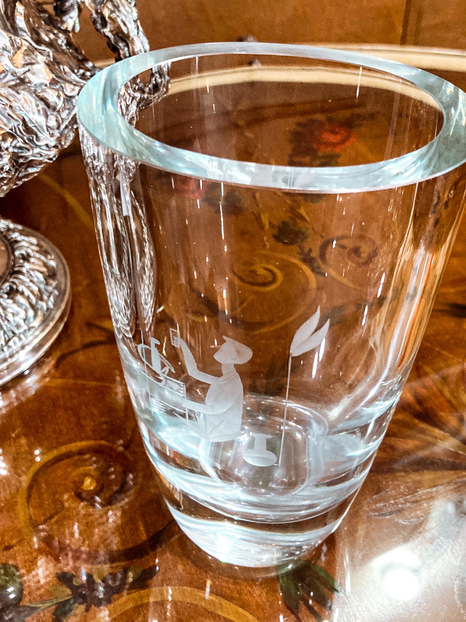 Vintage Engraved Stylized Chemist Design Swedish Clear Crystal Vase
