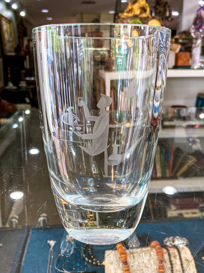 Vintage Engraved Stylized Chemist Design Swedish Clear Crystal Vase