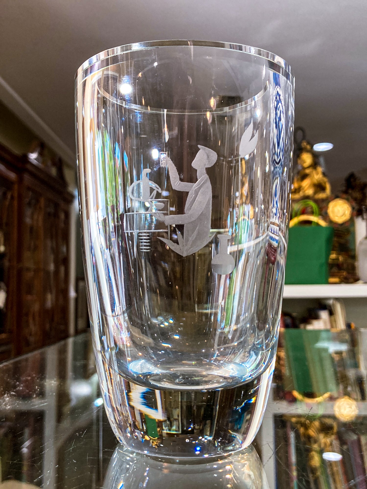 Vintage Engraved Stylized Chemist Design Swedish Clear Crystal Vase