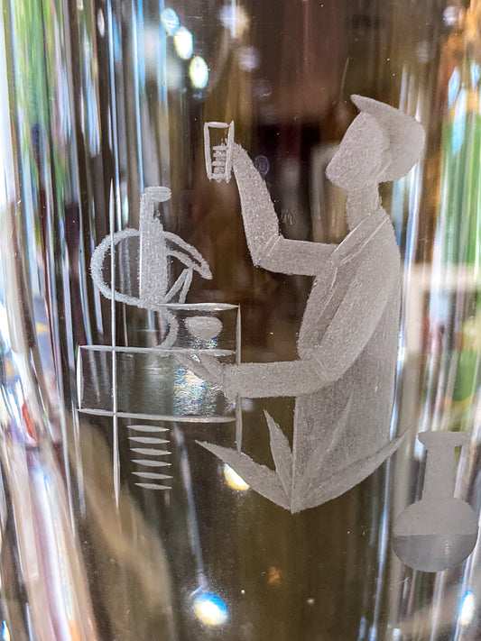 Vintage Engraved Stylized Chemist Design Swedish Clear Crystal Vase