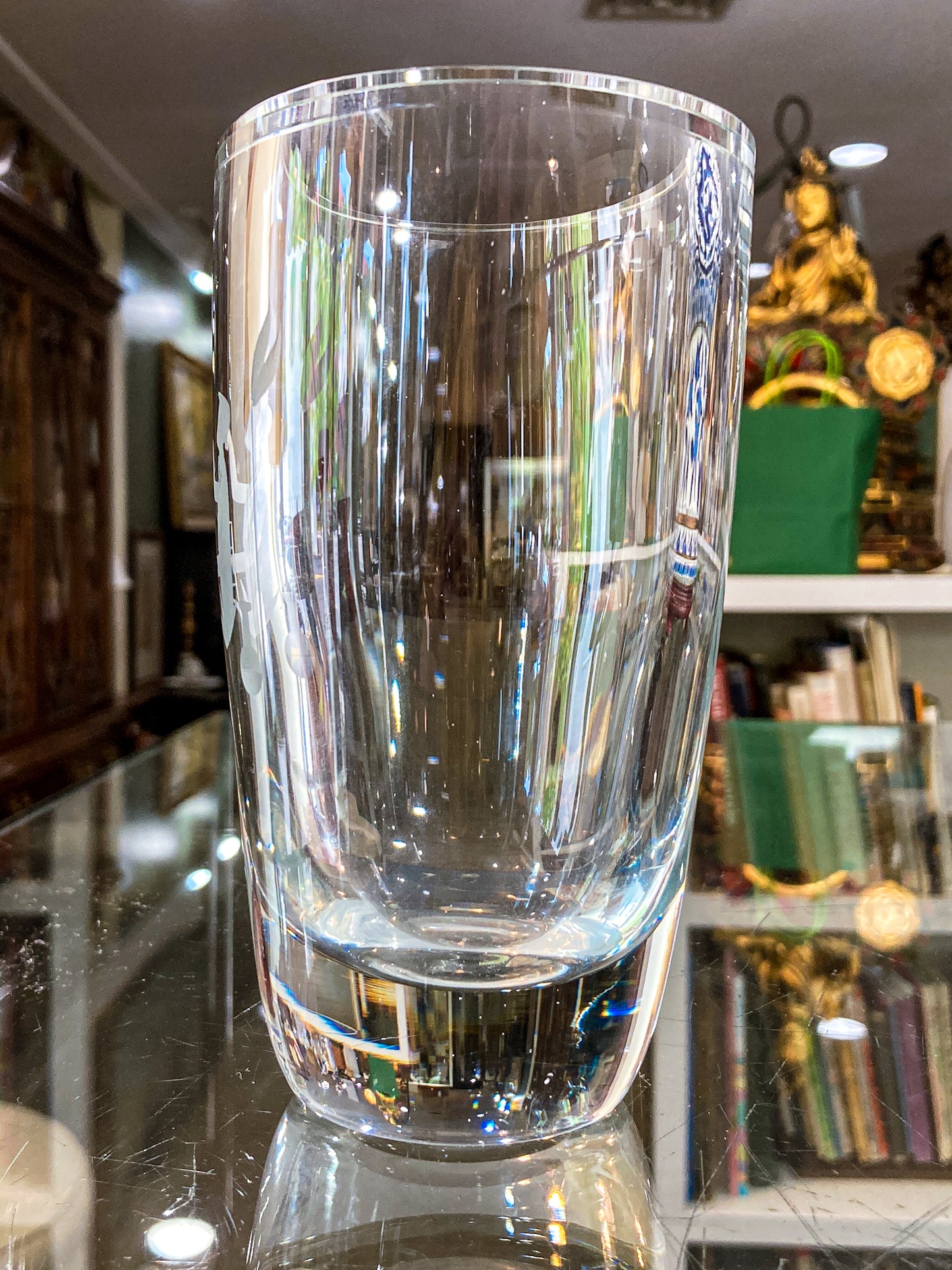 Vintage Engraved Stylized Chemist Design Swedish Clear Crystal Vase