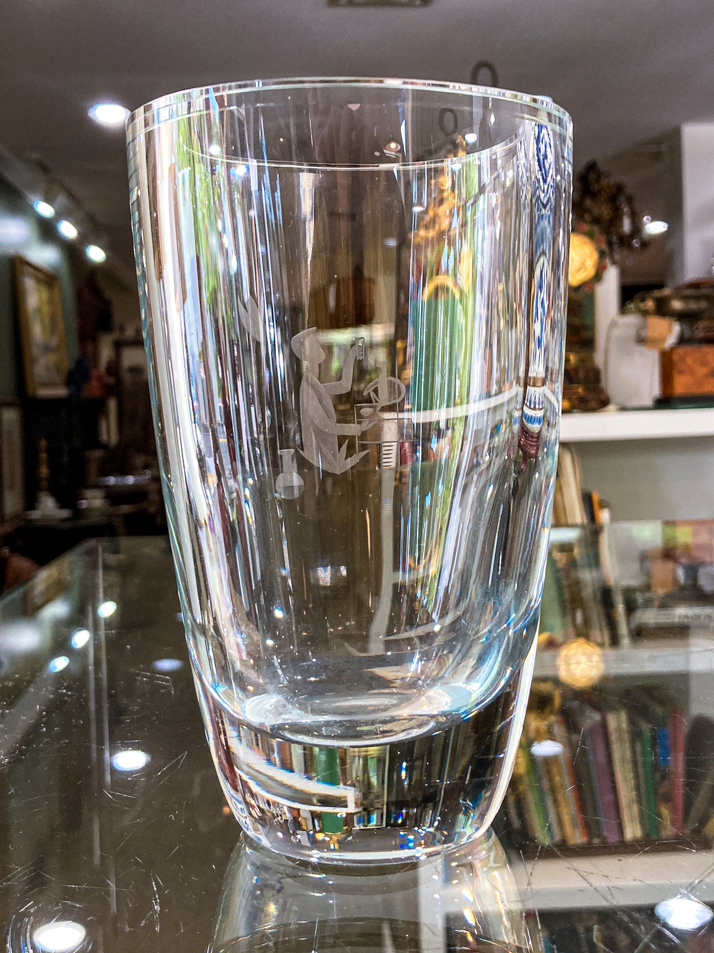 Vintage Engraved Stylized Chemist Design Swedish Clear Crystal Vase
