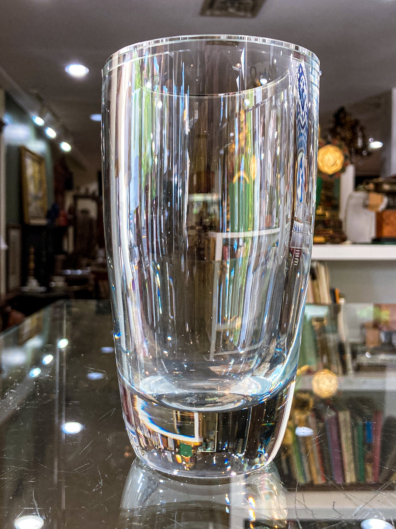 Vintage Engraved Stylized Chemist Design Swedish Clear Crystal Vase