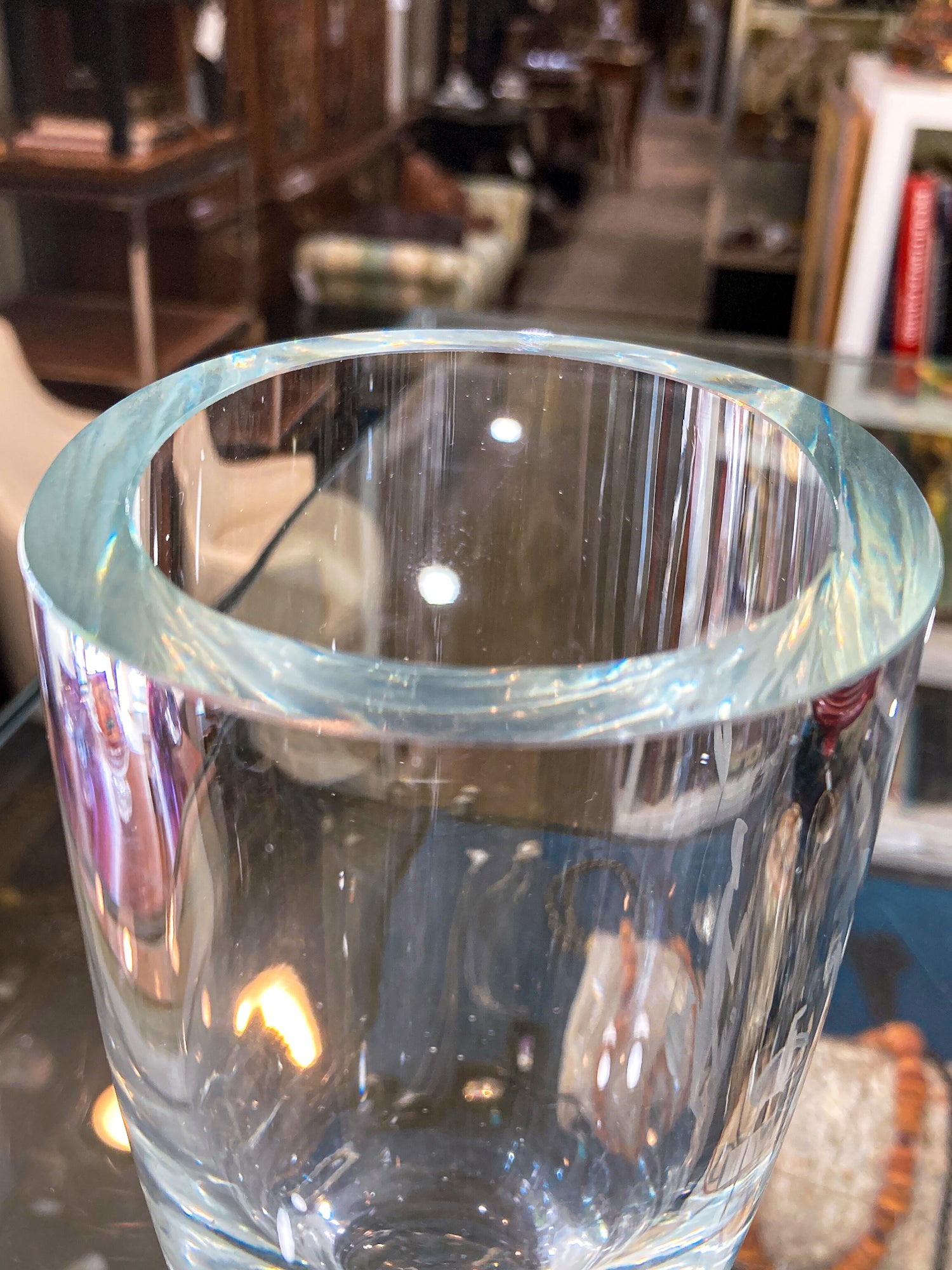 Vintage Engraved Stylized Chemist Design Swedish Clear Crystal Vase