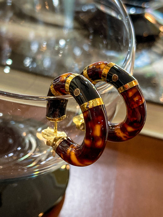 Vintage FLLI MENEGATTI Gold Vermeil 925 Tortoise Shell Black Onyx Hoop Post Earrings