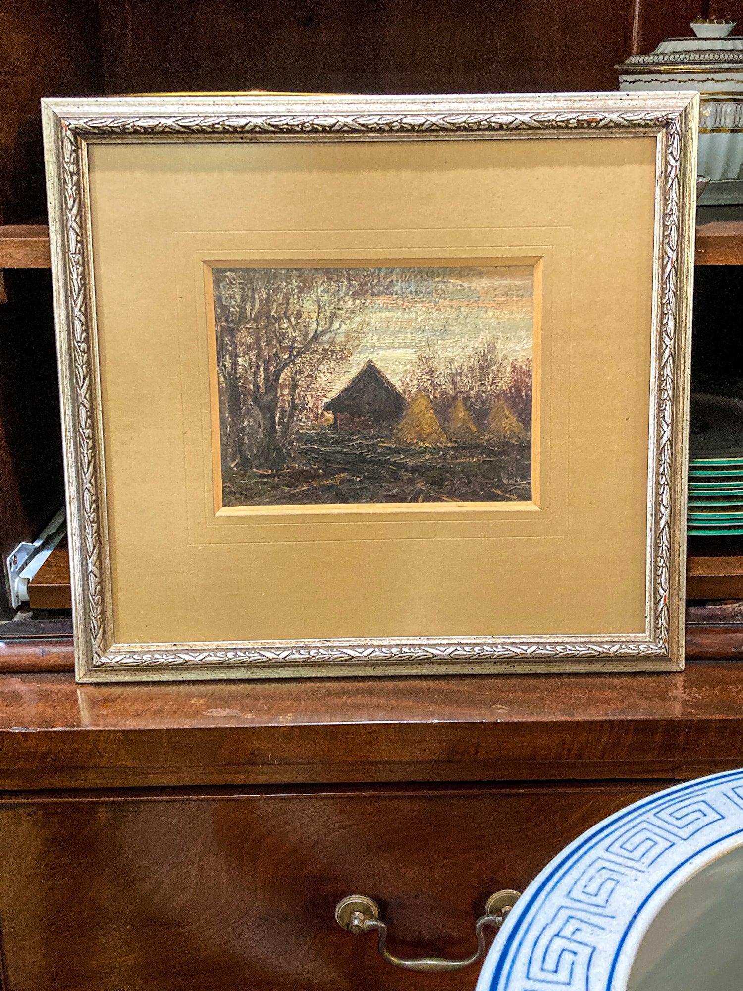 Vintage Farmland Sunset Landscape Signed Lower Right Framed Oil Painting