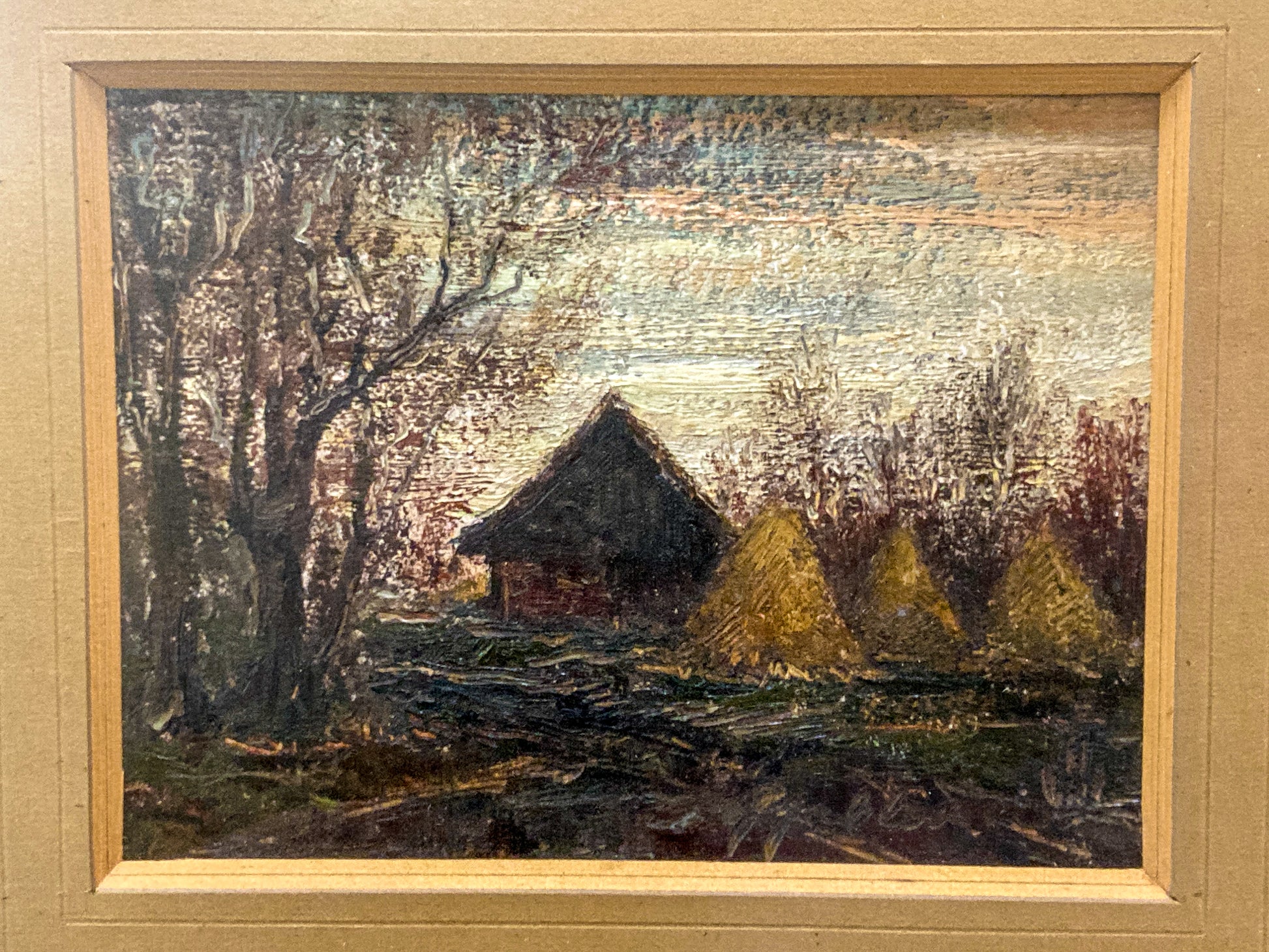 Vintage Farmland Sunset Landscape Signed Lower Right Framed Oil Painting