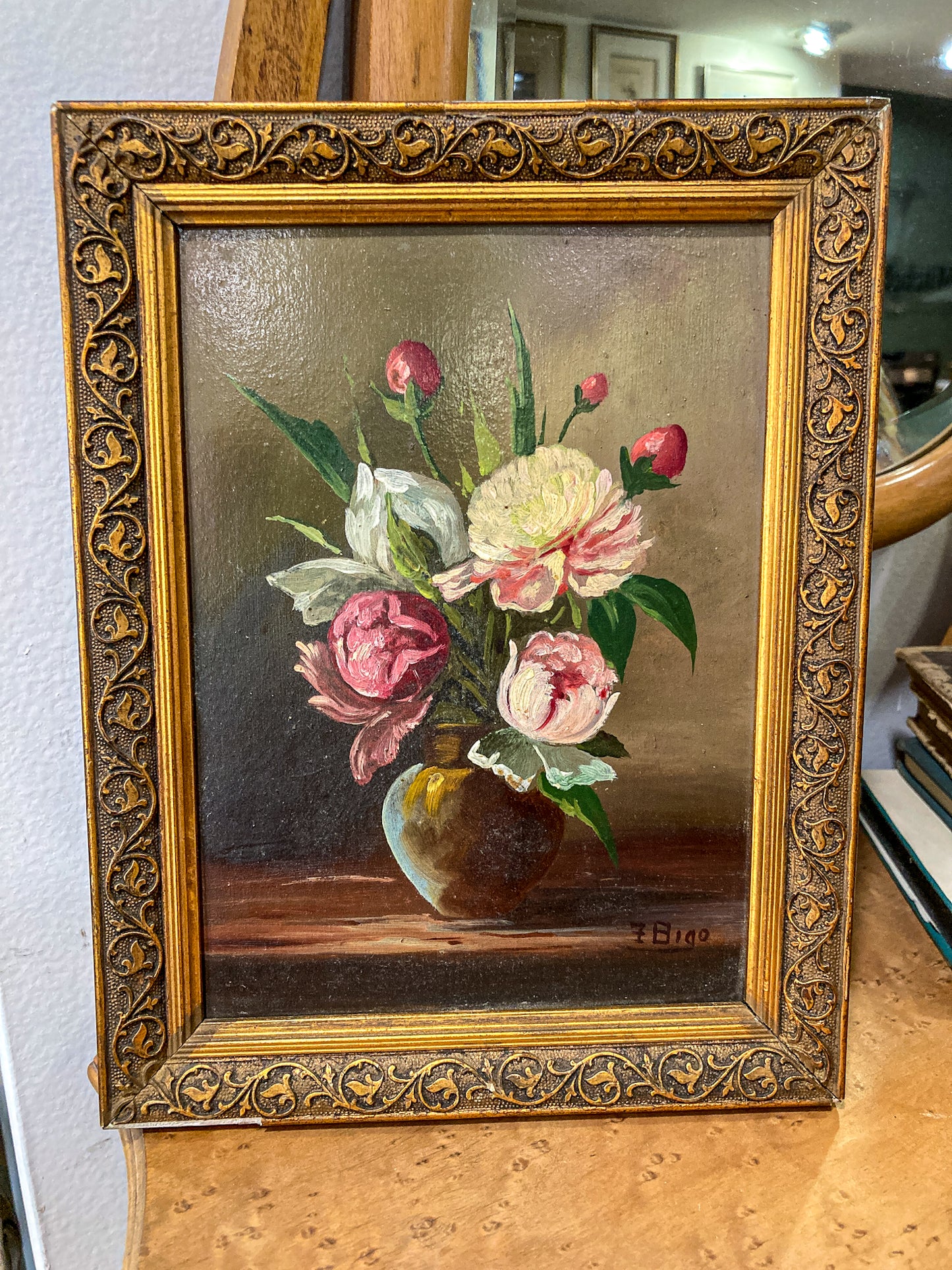 Vintage Floral Pink Peony Bouquet Still Life Framed Small Oil Painting