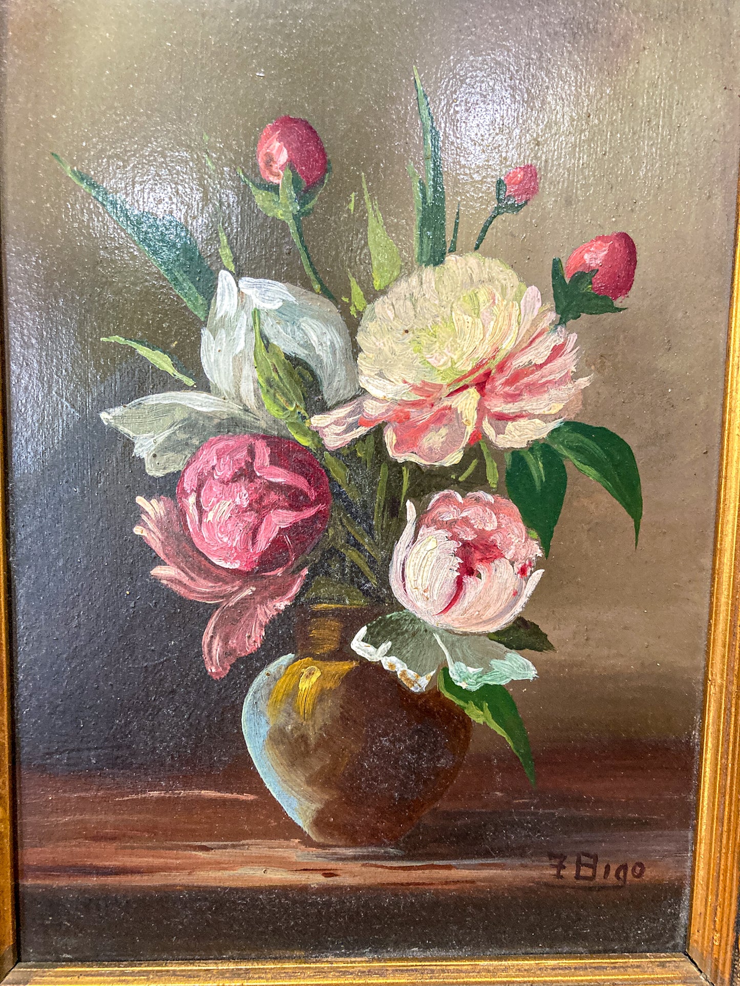 Vintage Floral Pink Peony Bouquet Still Life Framed Small Oil Painting