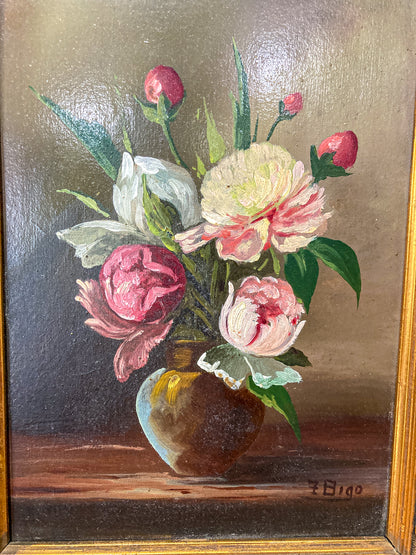 Vintage Floral Pink Peony Bouquet Still Life Framed Small Oil Painting