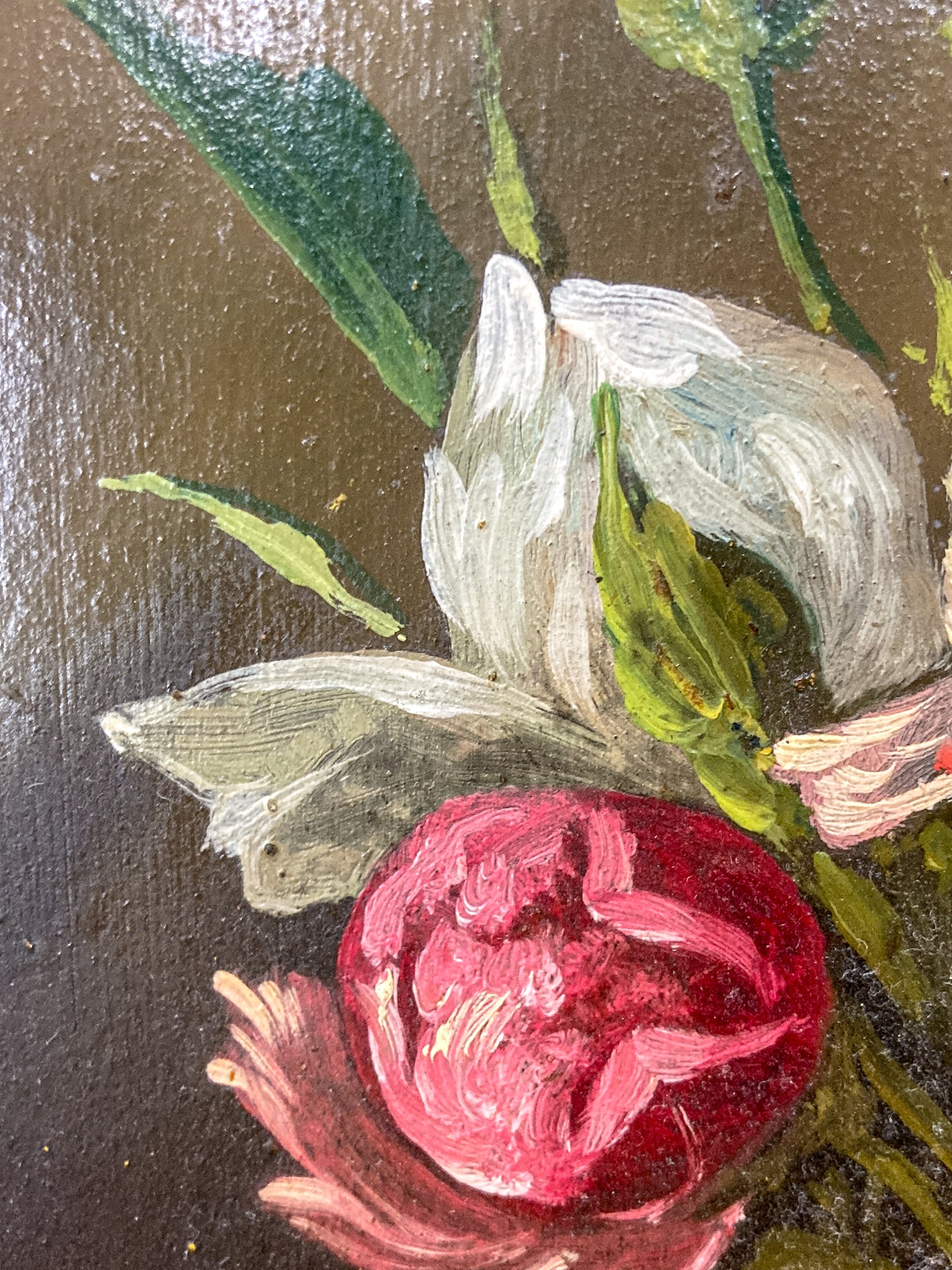 Vintage Floral Pink Peony Bouquet Still Life Framed Small Oil Painting