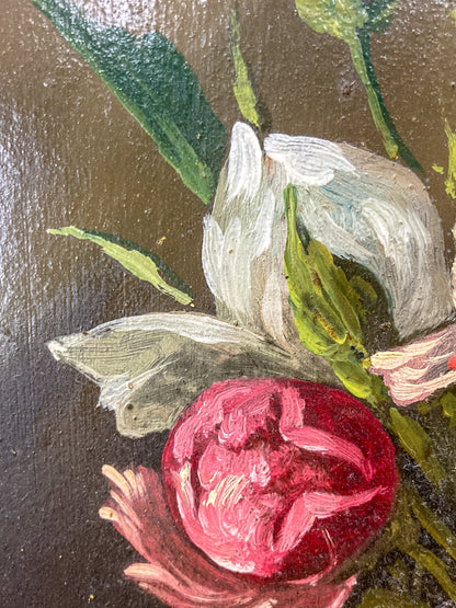 Vintage Floral Pink Peony Bouquet Still Life Framed Small Oil Painting