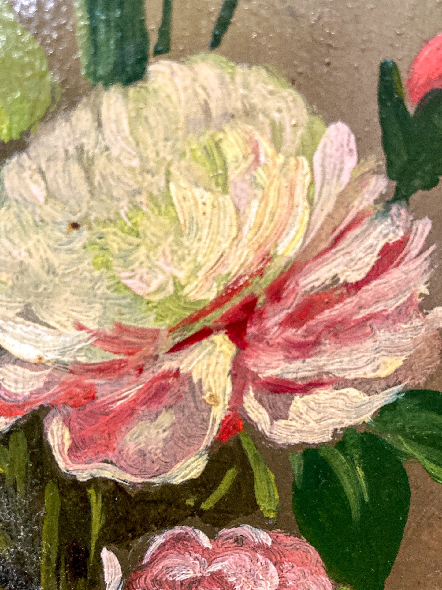 Vintage Floral Pink Peony Bouquet Still Life Framed Small Oil Painting