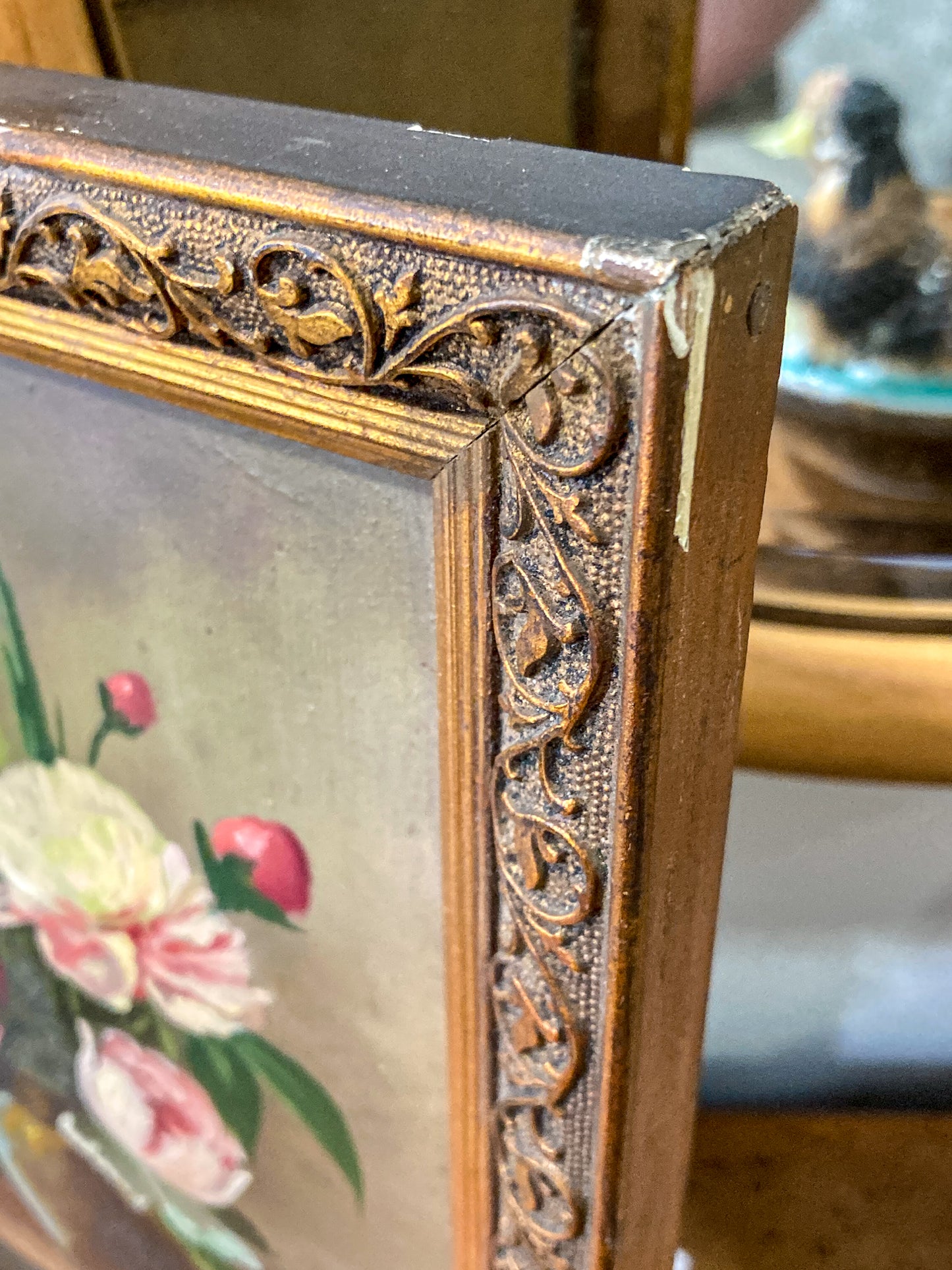 Vintage Floral Pink Peony Bouquet Still Life Framed Small Oil Painting