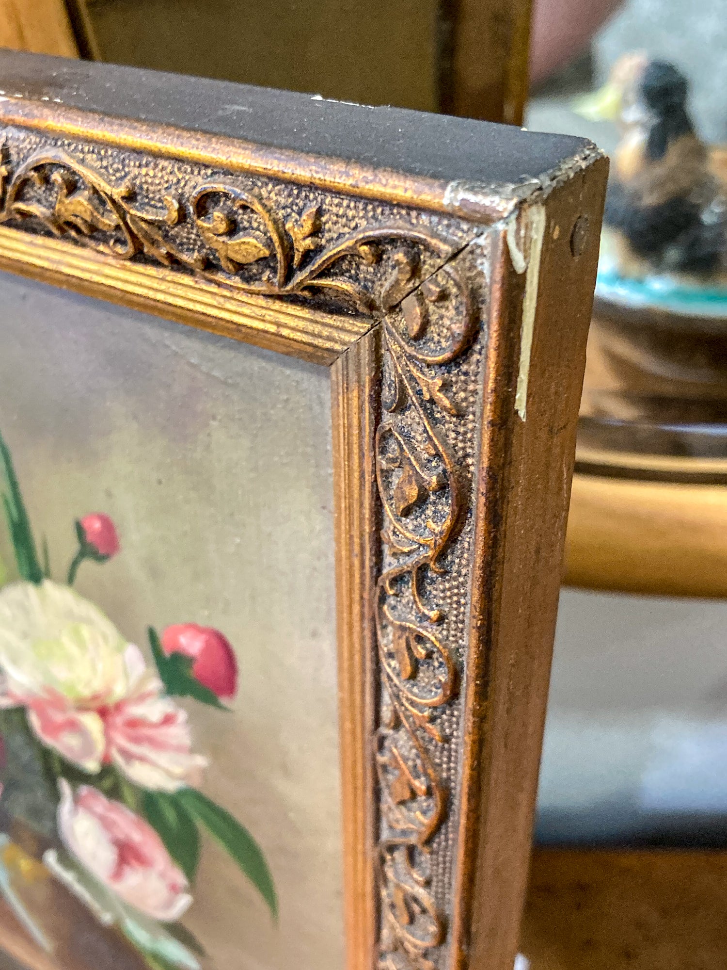 Vintage Floral Pink Peony Bouquet Still Life Framed Small Oil Painting