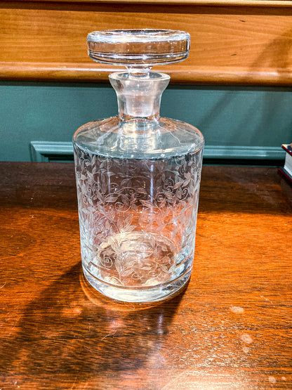 Vintage Formano MCM Hand- Etched Leaves Vine Clear Glass Decanter Barware