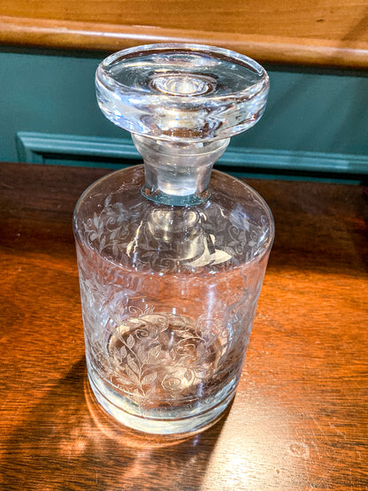 Vintage Formano MCM Hand- Etched Leaves Vine Clear Glass Decanter Barware