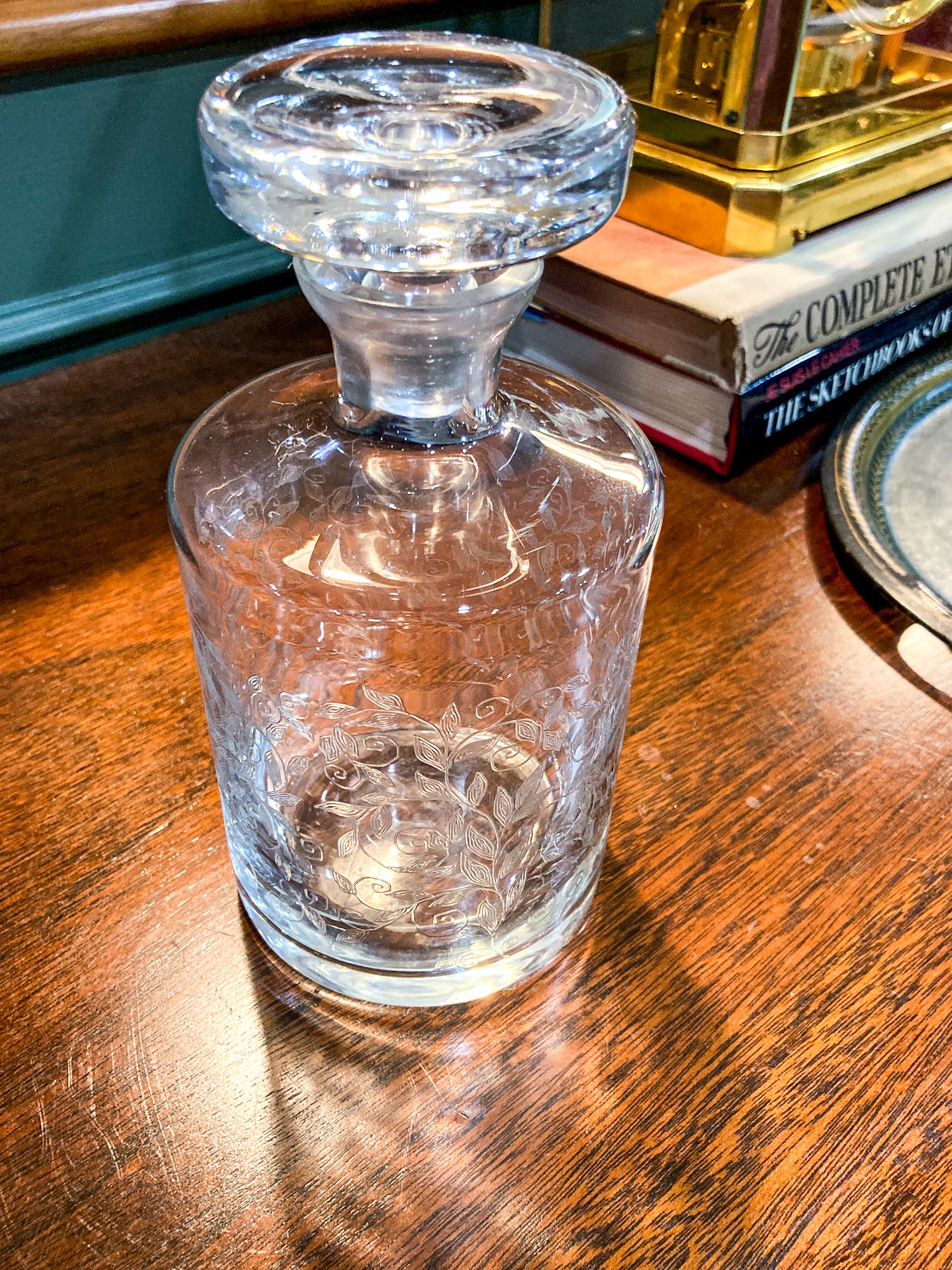 Vintage Formano MCM Hand- Etched Leaves Vine Clear Glass Decanter Barware