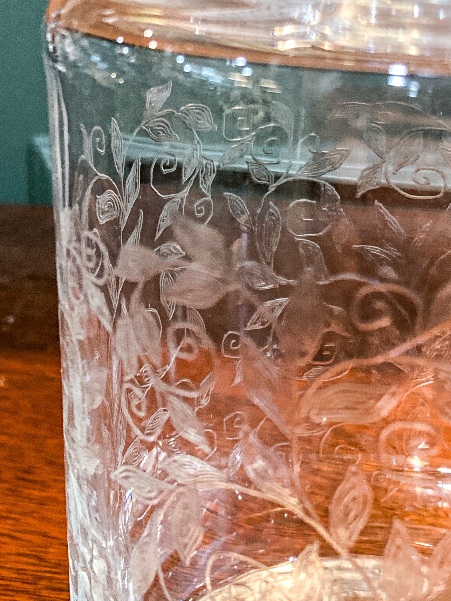 Vintage Formano MCM Hand- Etched Leaves Vine Clear Glass Decanter Barware