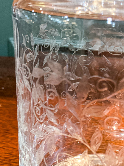 Vintage Formano MCM Hand- Etched Leaves Vine Clear Glass Decanter Barware