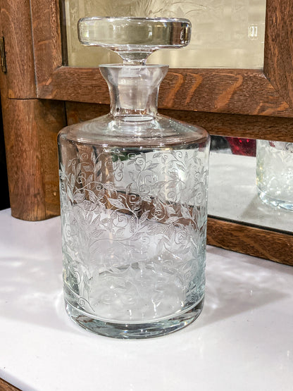 Vintage Formano MCM Hand- Etched Leaves Vine Clear Glass Decanter Barware
