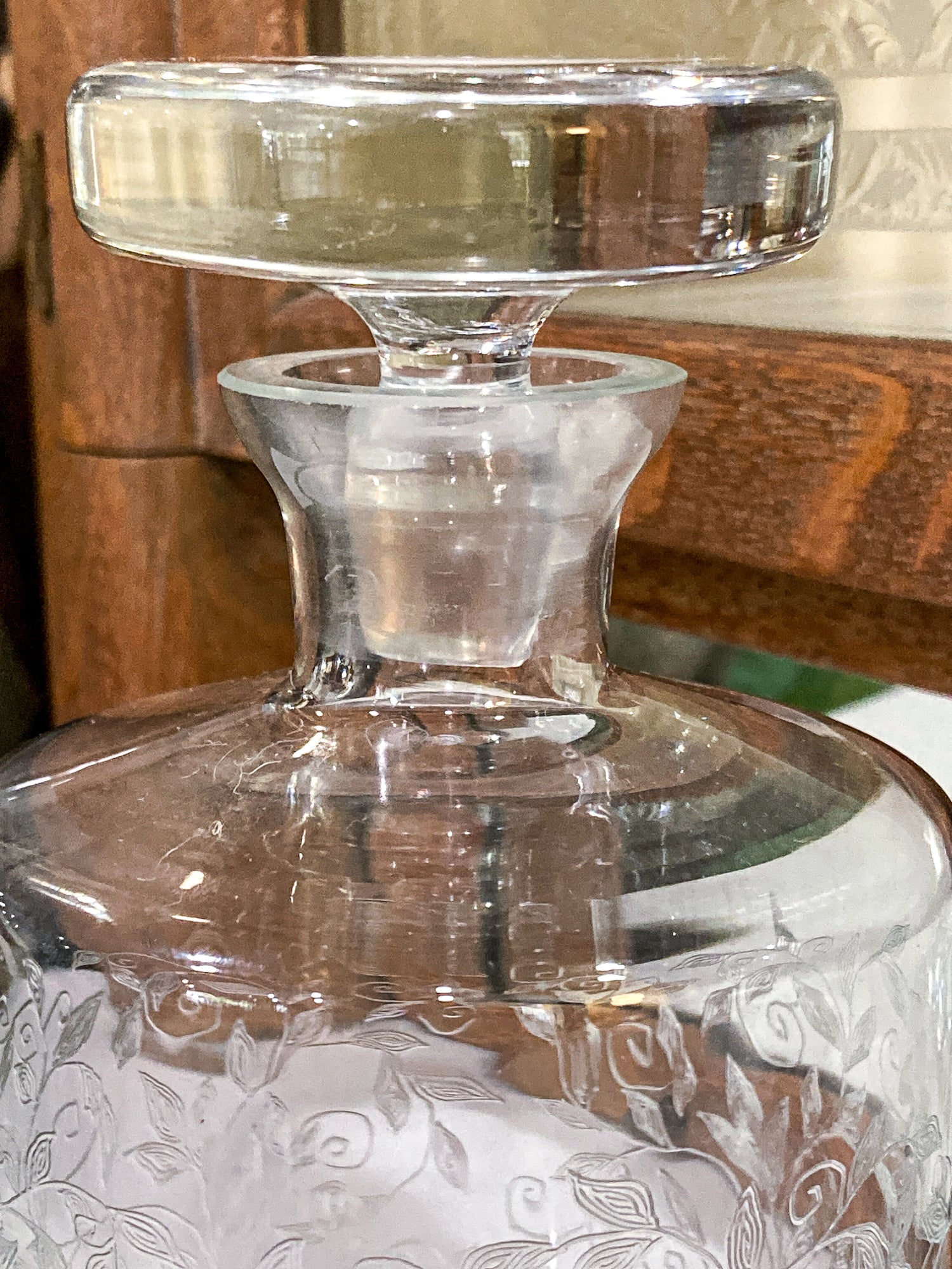 Vintage Formano MCM Hand- Etched Leaves Vine Clear Glass Decanter Barware