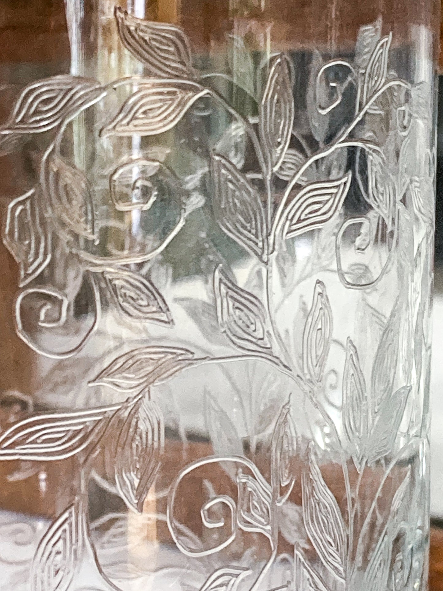 Vintage Formano MCM Hand- Etched Leaves Vine Clear Glass Decanter Barware