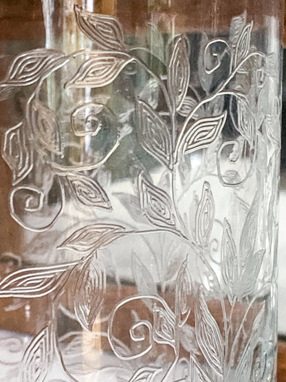 Vintage Formano MCM Hand- Etched Leaves Vine Clear Glass Decanter Barware