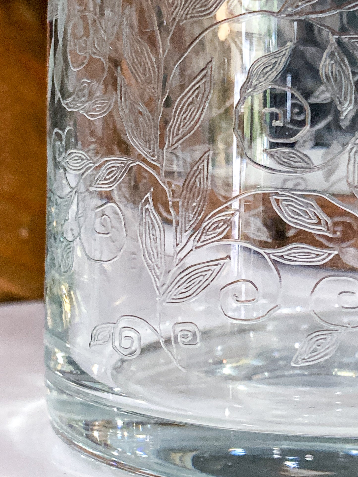 Vintage Formano MCM Hand- Etched Leaves Vine Clear Glass Decanter Barware