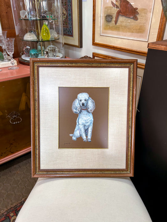 Vintage Framed White Poodle I Gouache Paper J. U. Hunt Wall Art Painting