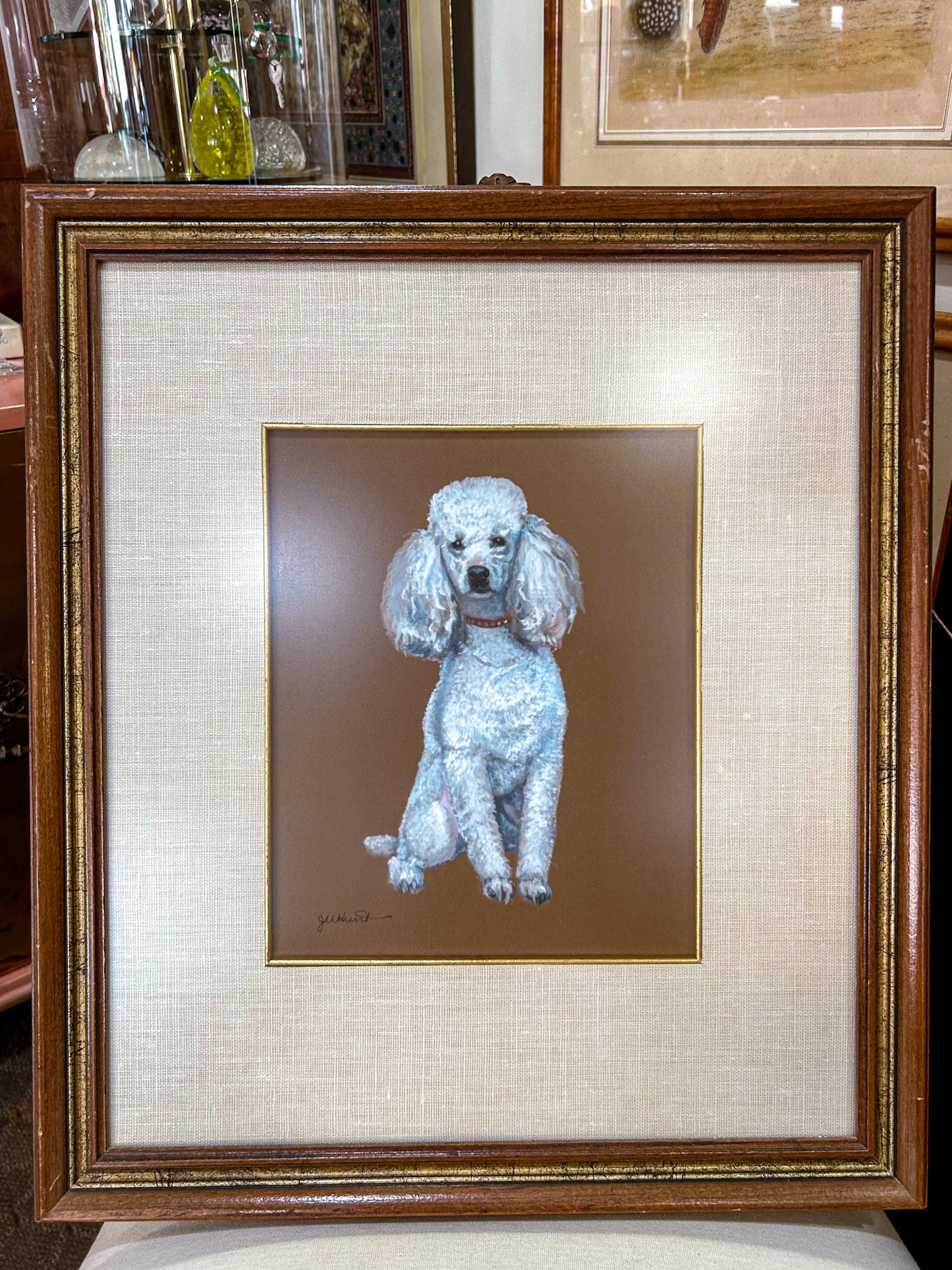 Vintage Framed White Poodle I Gouache Paper J. U. Hunt Wall Art Painting