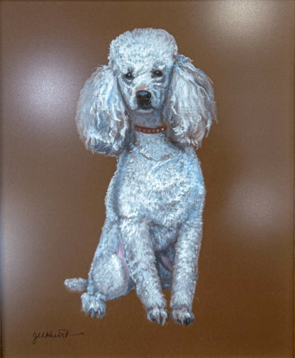 Vintage Framed White Poodle I Gouache Paper J. U. Hunt Wall Art Painting