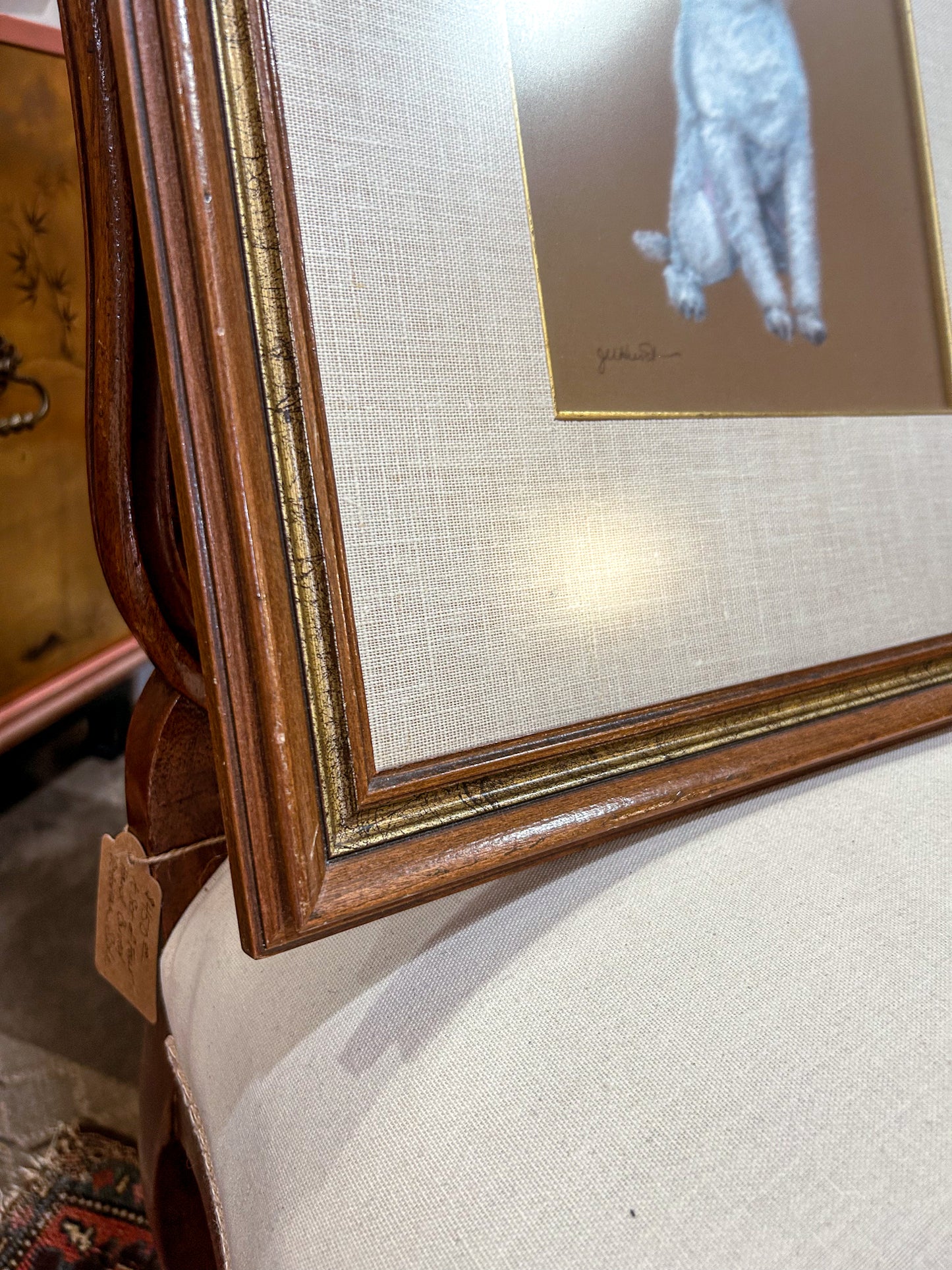 Vintage Framed White Poodle I Gouache Paper J. U. Hunt Wall Art Painting