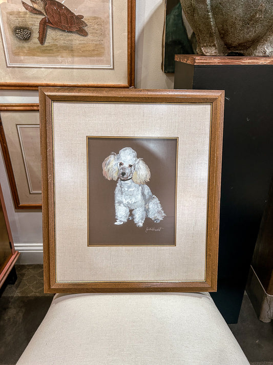 Vintage Framed Painting White Poodle II Gouche Paper J.U. Hunt Wall Art