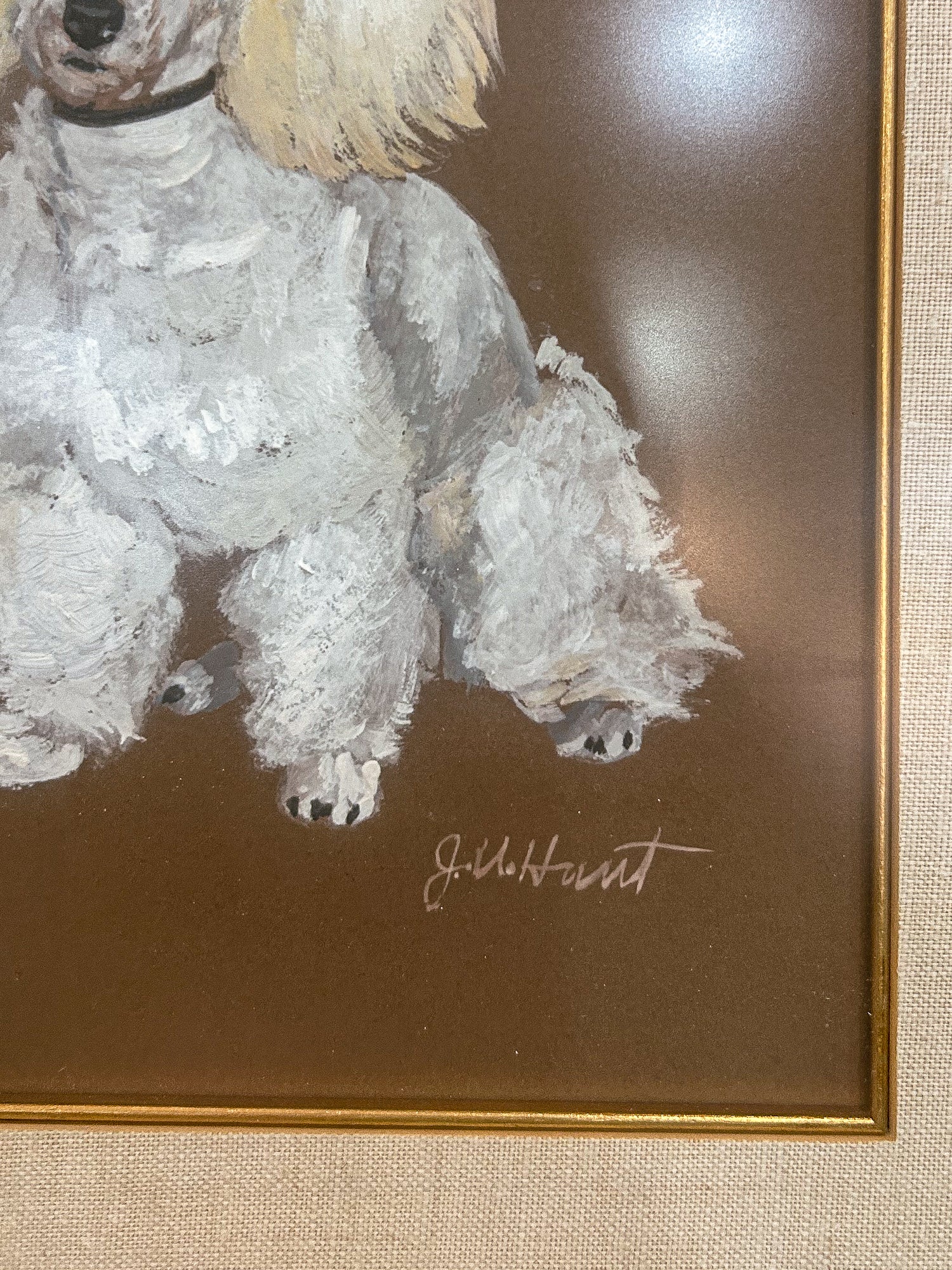 Vintage Framed Painting White Poodle II Gouche Paper J.U. Hunt Wall Art