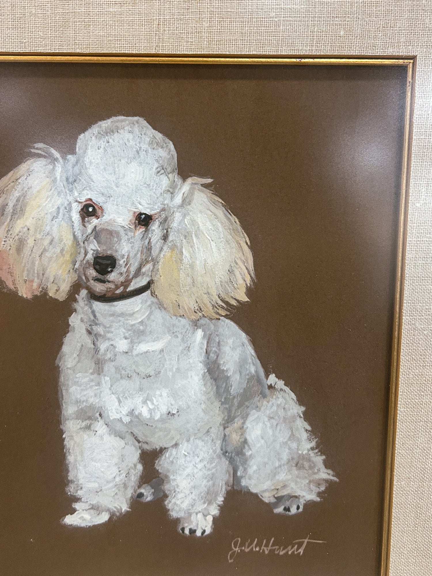 Vintage Framed Painting White Poodle II Gouche Paper J.U. Hunt Wall Art