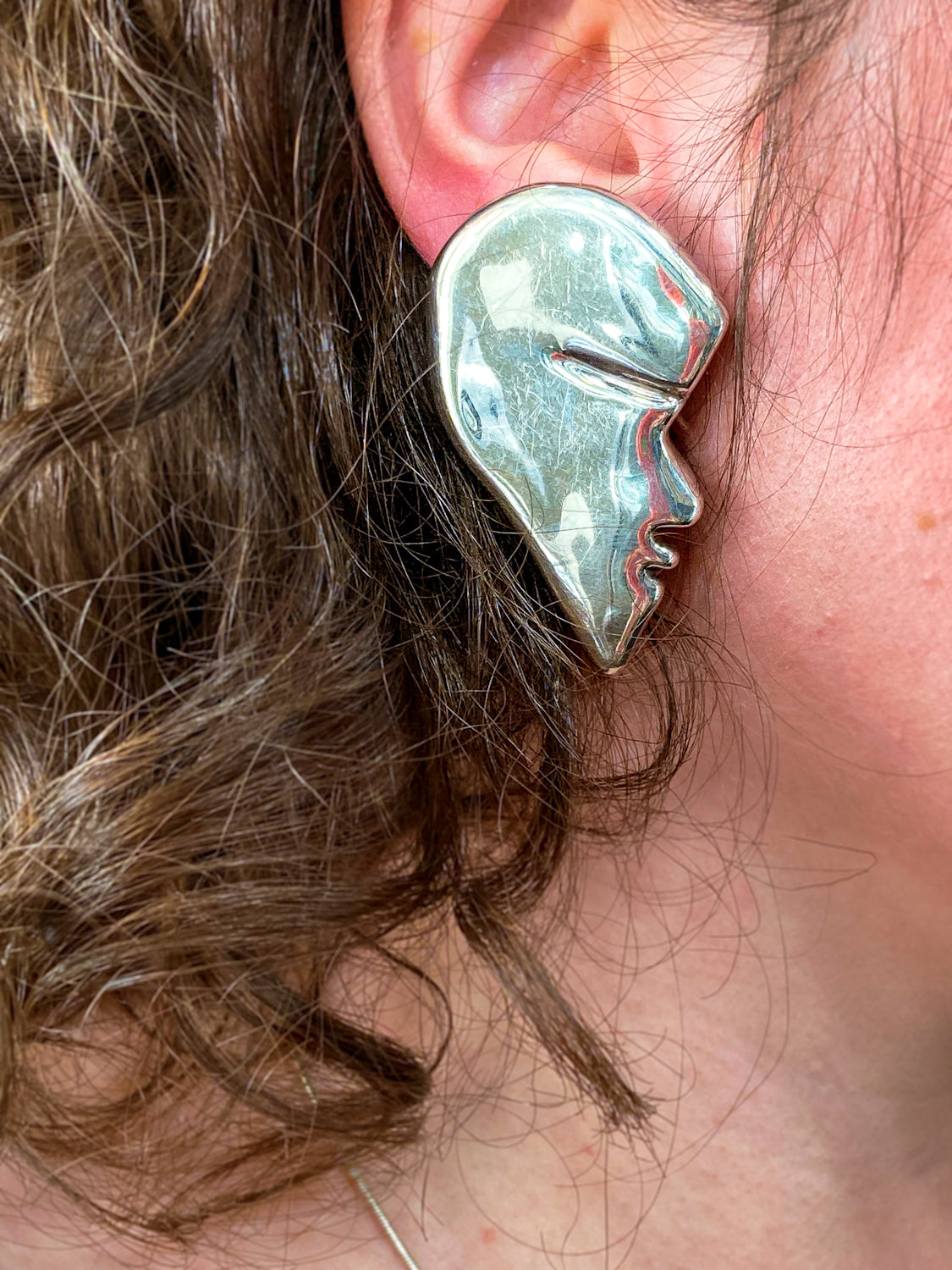Vintage Frederic Jean Duclos Abstract Profile Face Sterling Silver Clip On Earrings