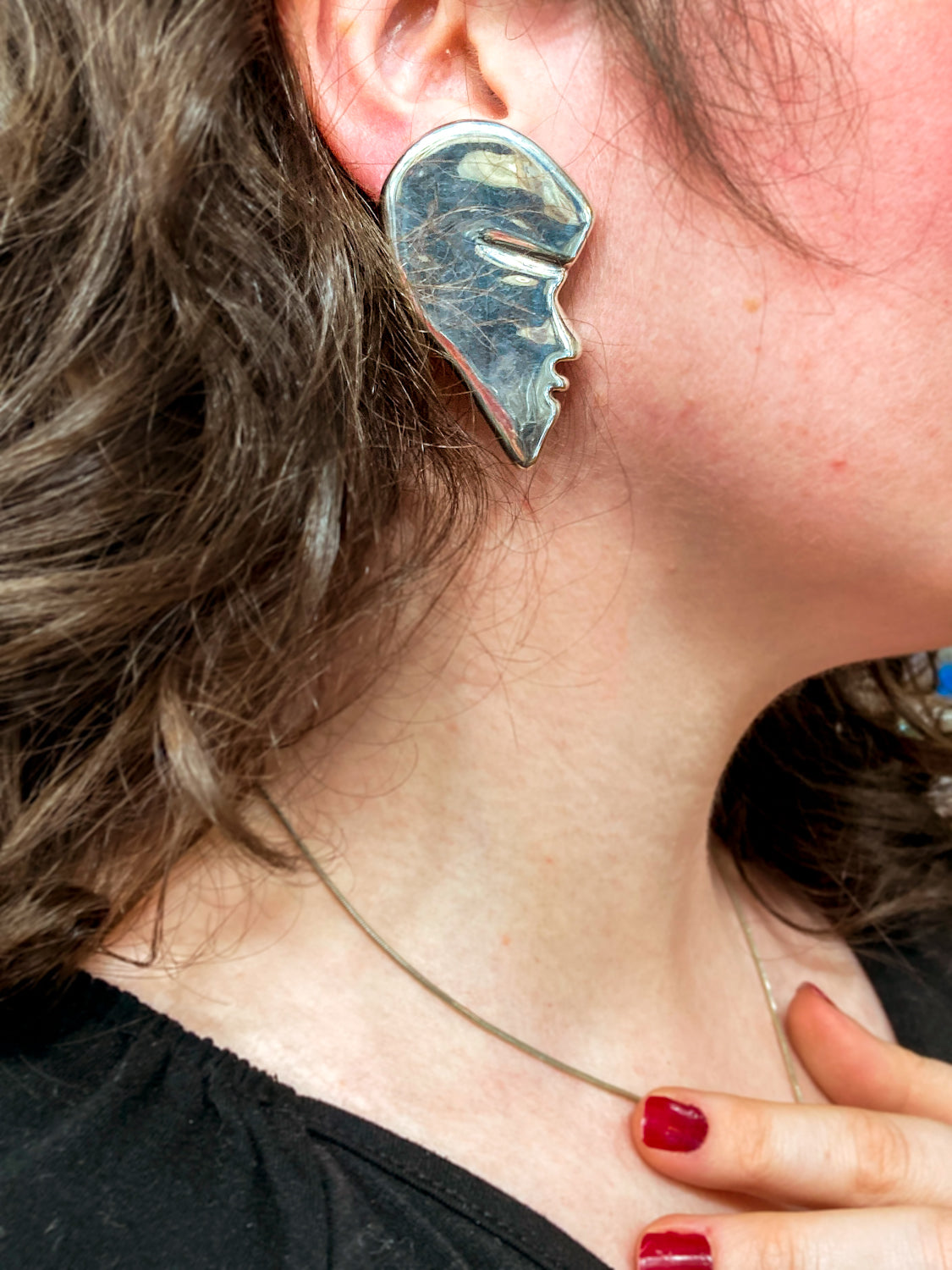 Vintage Frederic Jean Duclos Abstract Profile Face Sterling Silver Clip On Earrings