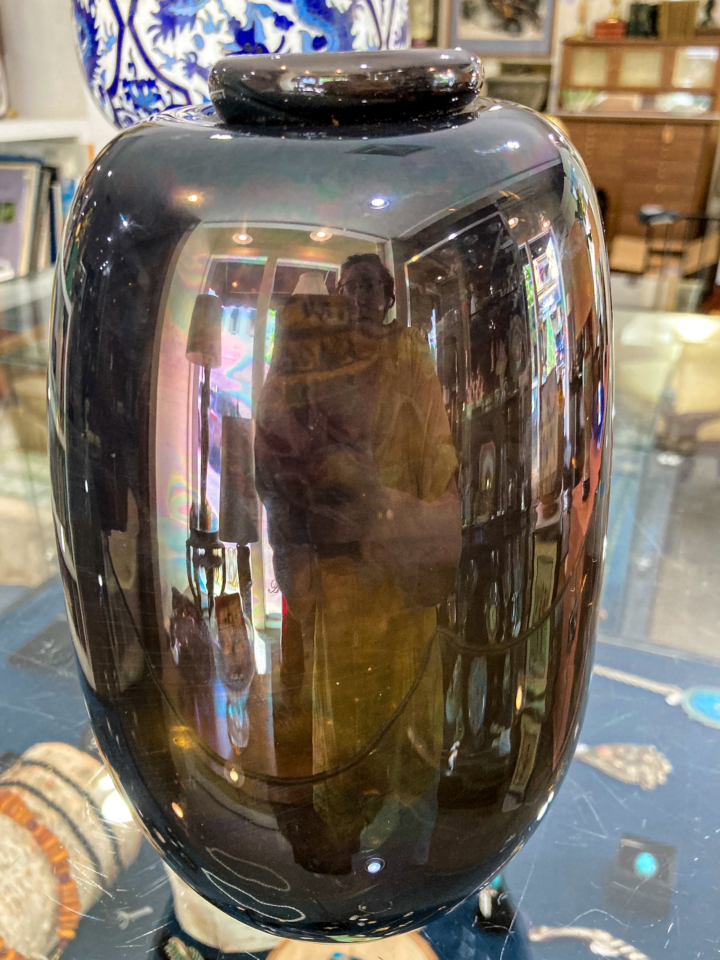 Vintage 1973 Gene Kangas (1944-2023) Hand Blown Black Grey Purple Glass Vase