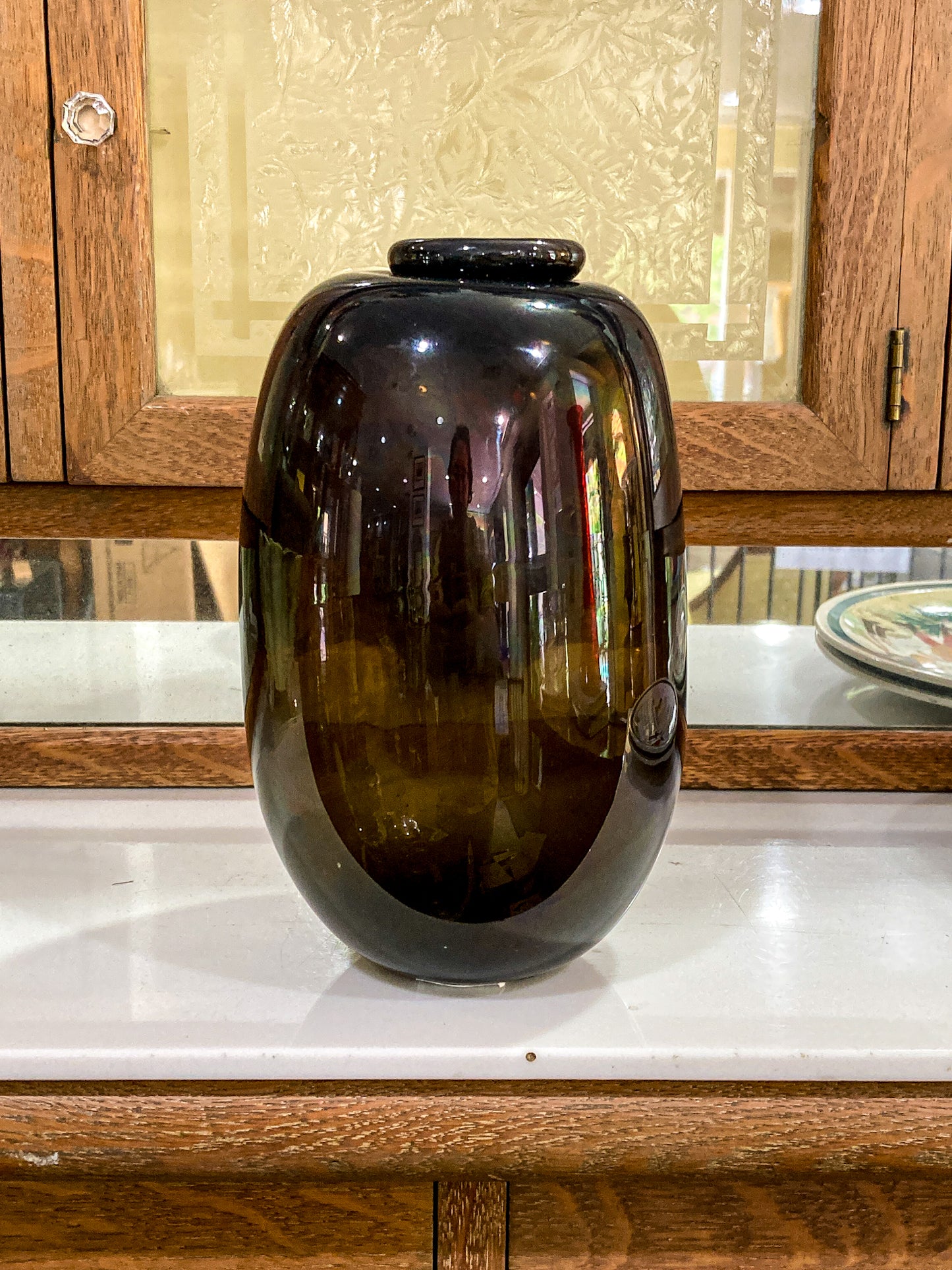 Vintage 1973 Gene Kangas (1944-2023) Hand Blown Black Grey Purple Glass Vase