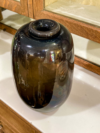 Vintage 1973 Gene Kangas (1944-2023) Hand Blown Black Grey Purple Glass Vase