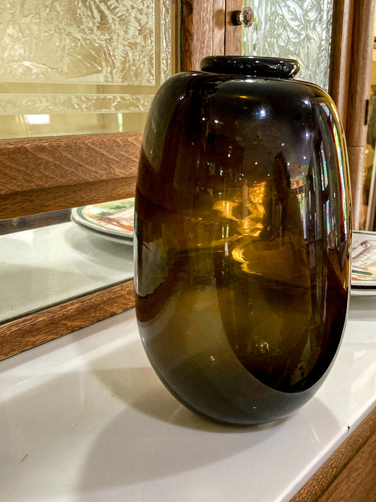 Vintage 1973 Gene Kangas (1944-2023) Hand Blown Black Grey Purple Glass Vase