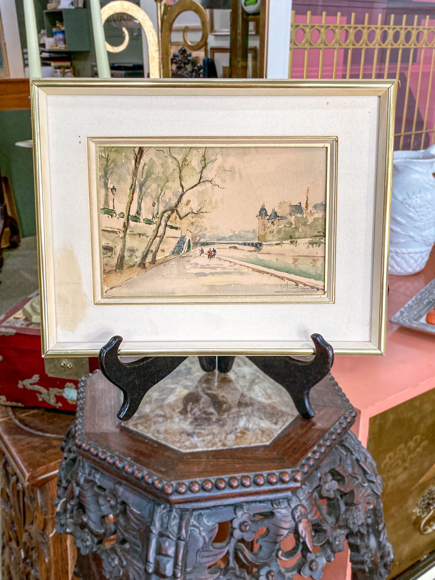 Vintage Georges Audureau (1896-1986) Parisian River Scene Framed Watercolor Painting