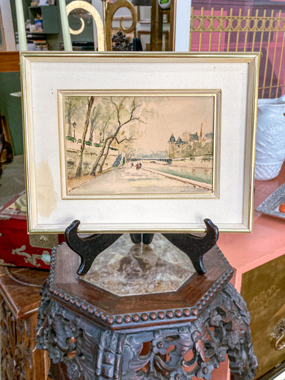 Vintage Georges Audureau (1896-1986) Parisian River Scene Framed Watercolor Painting