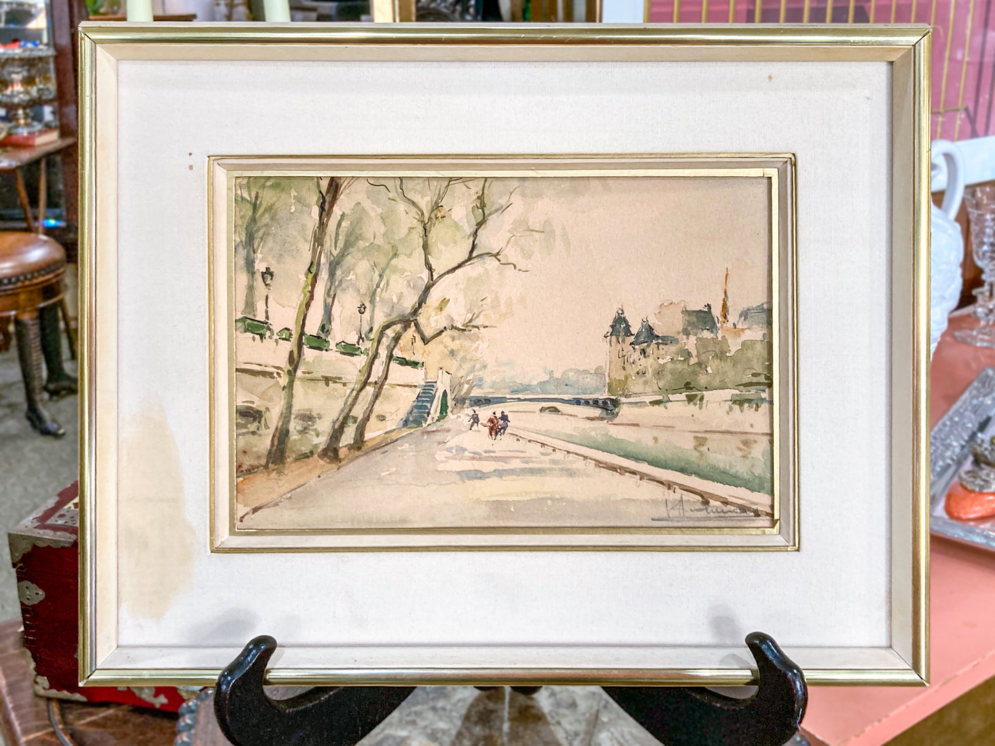 Vintage Georges Audureau (1896-1986) Parisian River Scene Framed Watercolor Painting
