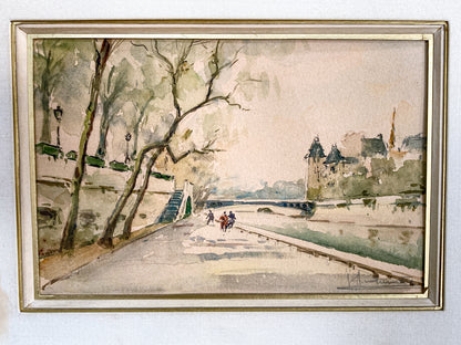 Vintage Georges Audureau (1896-1986) Parisian River Scene Framed Watercolor Painting